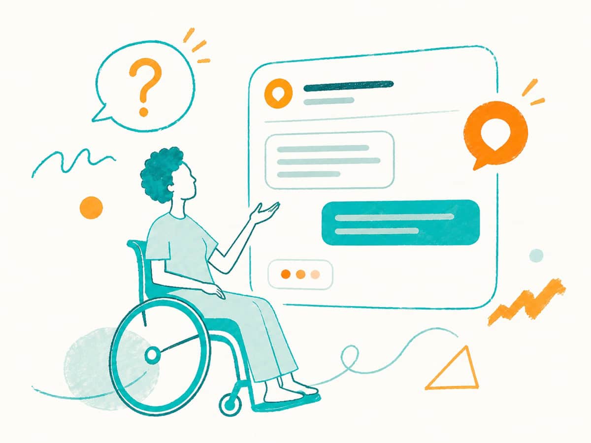 Illustration of a person in a wheelchair asking a question in a chat window.
